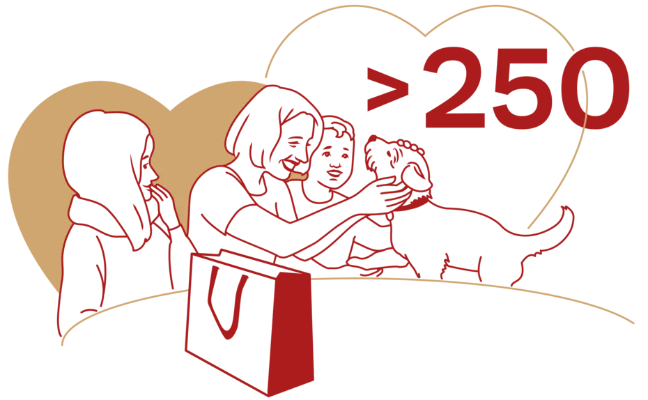 Három ember és egy kutya jelenik meg egy grafikán. Két nő arcának profilja látható, míg egy harmadik nő a kutyát simogatja. A háttérben szív alakú motívumok találhatók, és a kép bal alsó részén ">250" felirat olvasható.