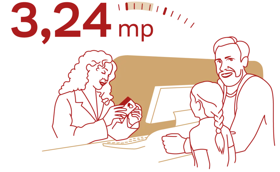 Egy pultnál egy nő és egy gyermek beszélget egy férfival, miközben a háttérben az idő 3,24 másodpercnek van feltüntetve.