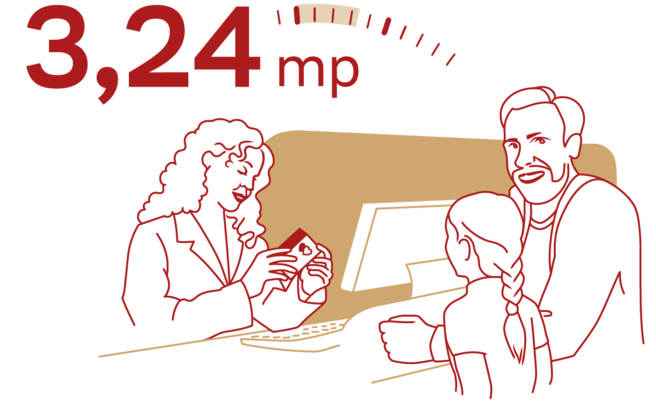 Egy pultnál egy nő és egy gyermek beszélget egy férfival, miközben a háttérben az idő 3,24 másodpercnek van feltüntetve.